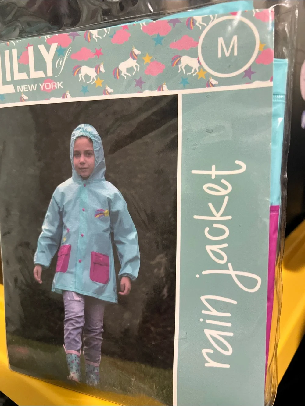 Milly of New York Light Blue Kids Hooded Rain Jacket w Pink Pockets, Unicorns, M